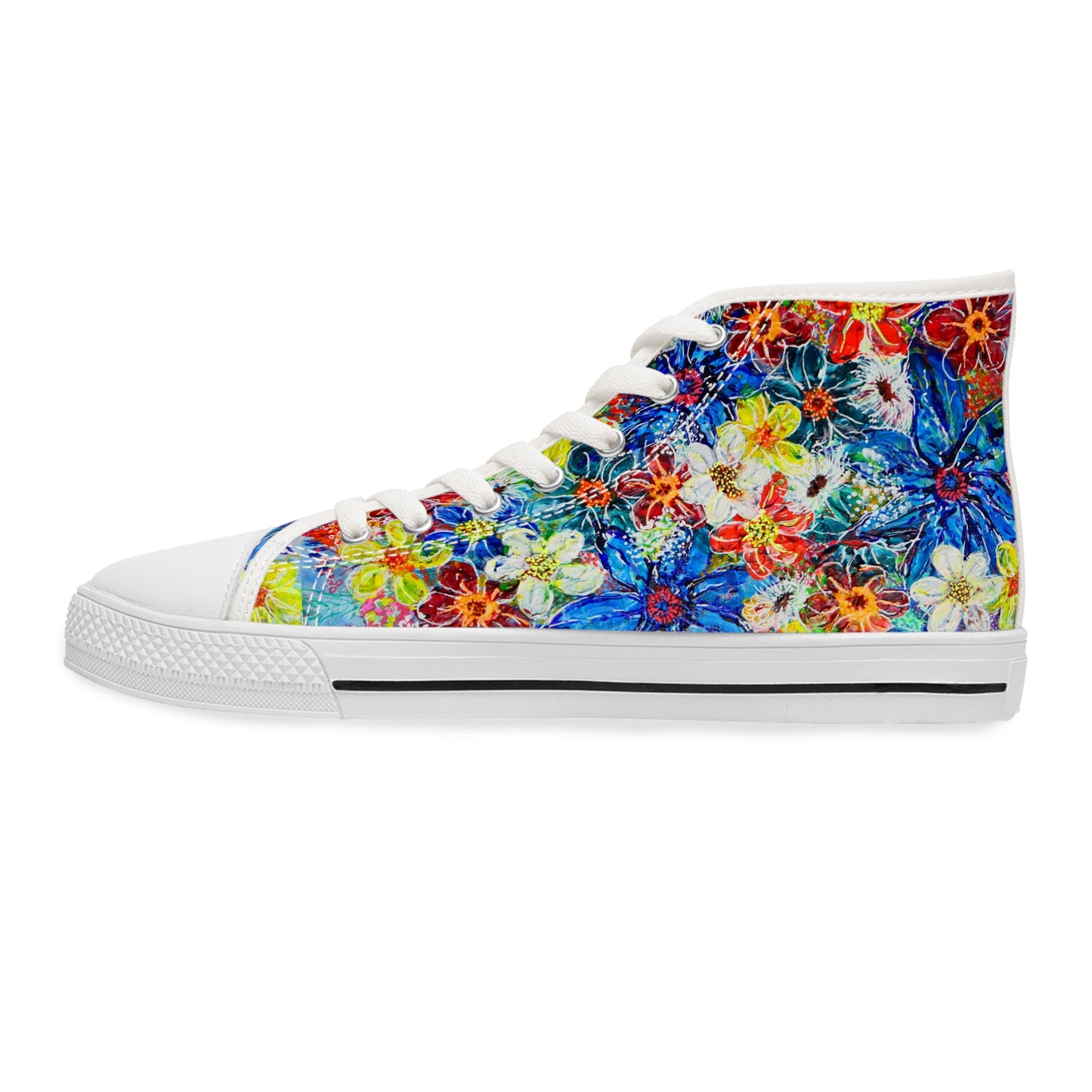 Women's High Top Sneakers, No. 242 Large Blue Flowers, Multicoloured - By Irish Artist Fiona de Lacy