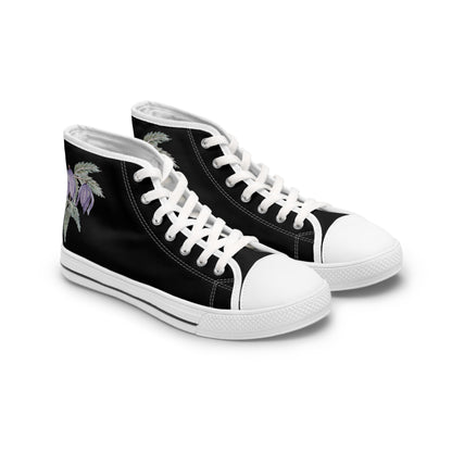 Women's High Top Sneakers - No. 270 - Purple Drop Flower on Black - By Irish Artist Fiona de Lacy