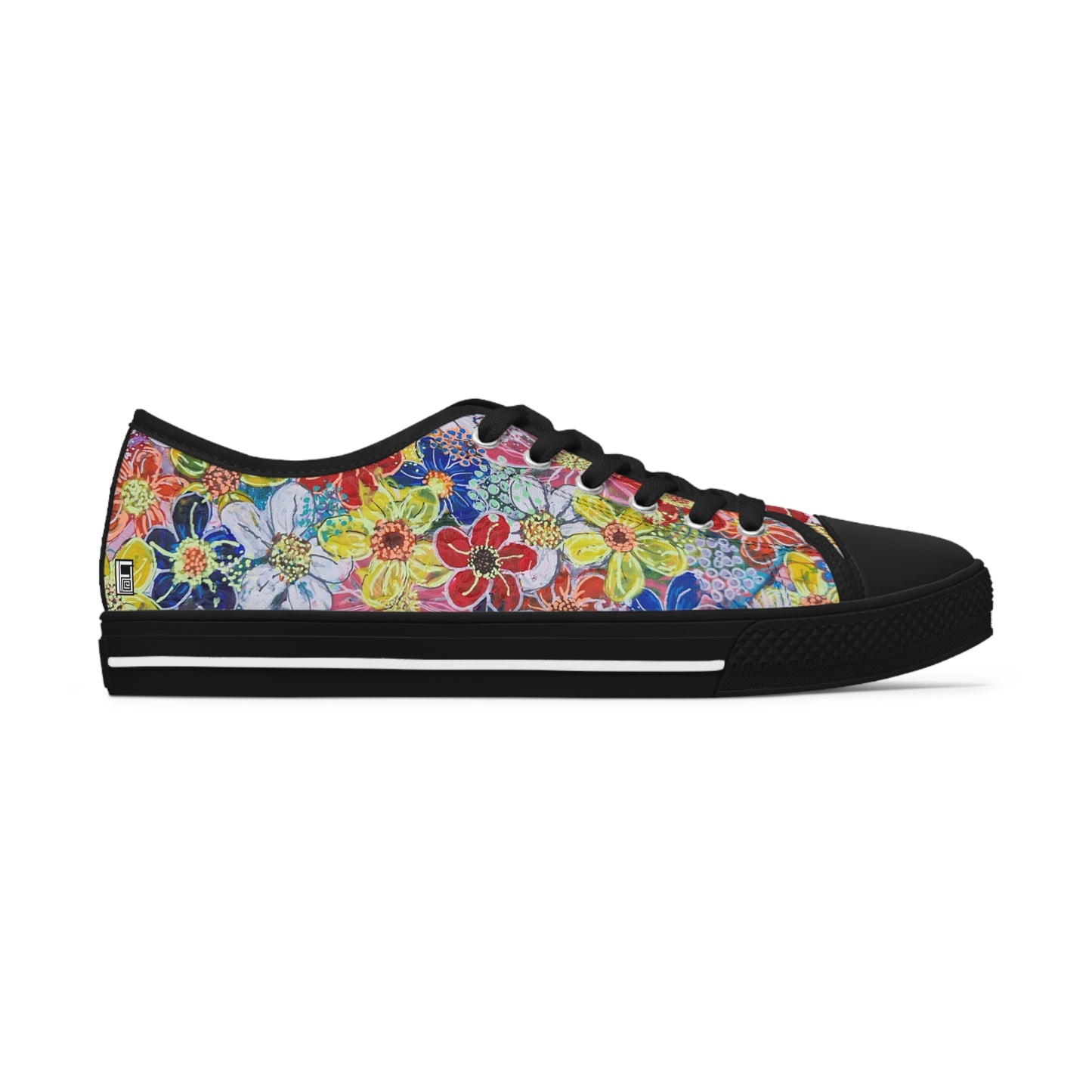 Women's Low Top Sneakers, black sole  - No. 241 - Flowers on Pink - By Irish Artist Fiona de Lacy