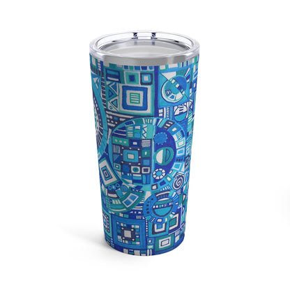 Tumbler 20oz - No.  262 - Geometric Blue & White abstract - By Irish Artist Fiona de Lacy