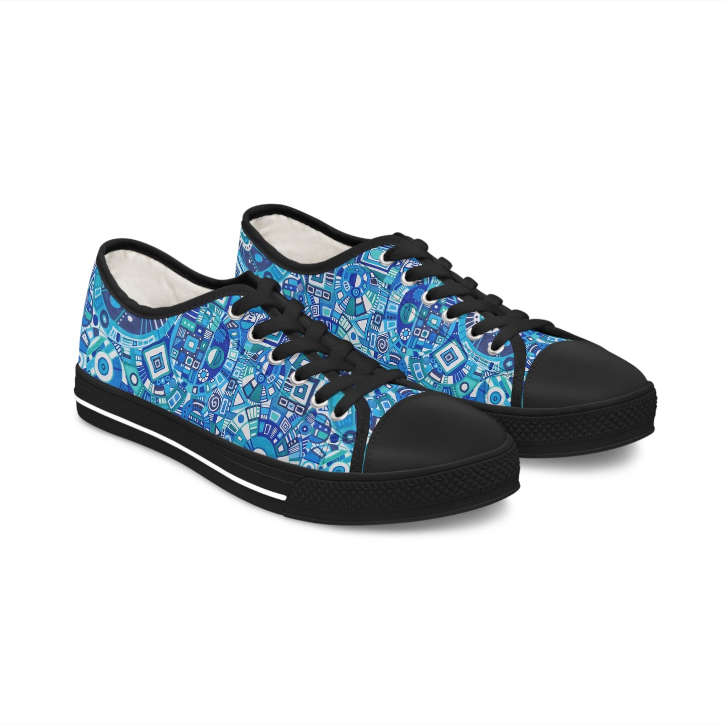 Women's Low Top Sneakers,  Black Soles - No. 262 - Geometric Blue & White - By Irish Artist Fiona de Lacy