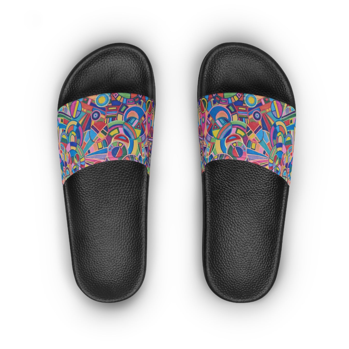 Women's Slide Sandals - No. 265 - Geometric Multicoloured Abstract - By Irish Artist Fiona de Lacy