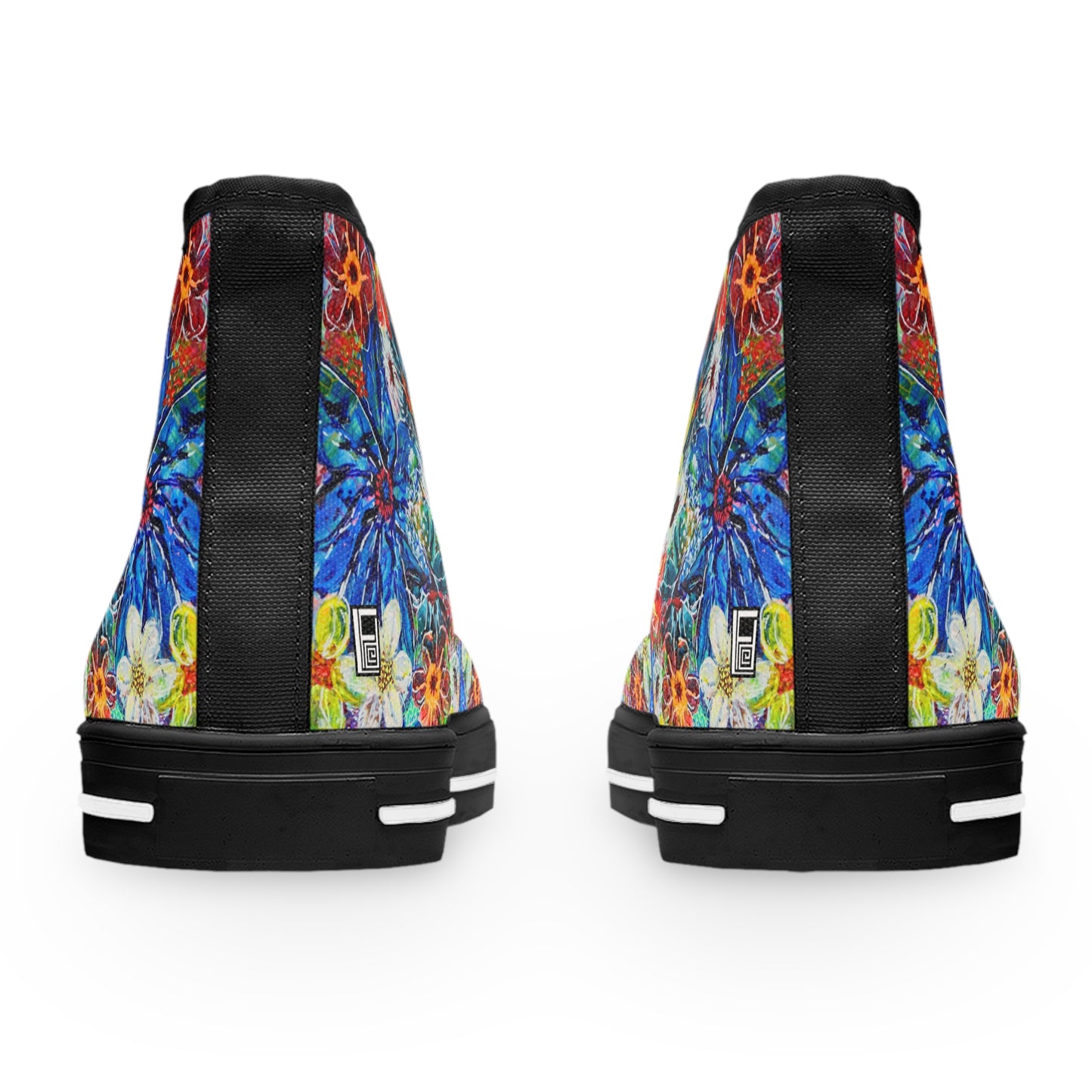 Women's High Top Sneakers, No. 242 Large Blue Flowers, Multicoloured - By Irish Artist Fiona de Lacy