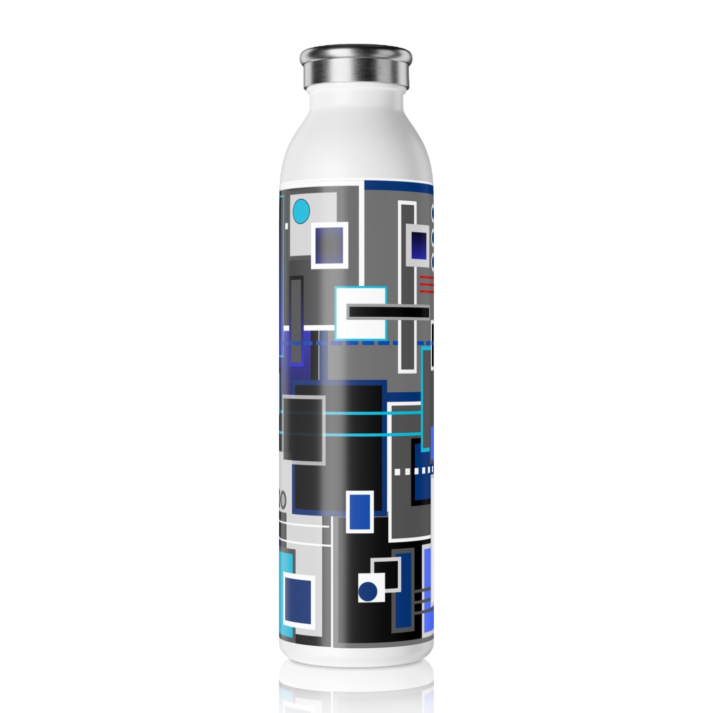 Slim Water Bottle - No. 235 - Blue, Black & Grey Squared 2 - By Irish Artist Fiona de Lacy