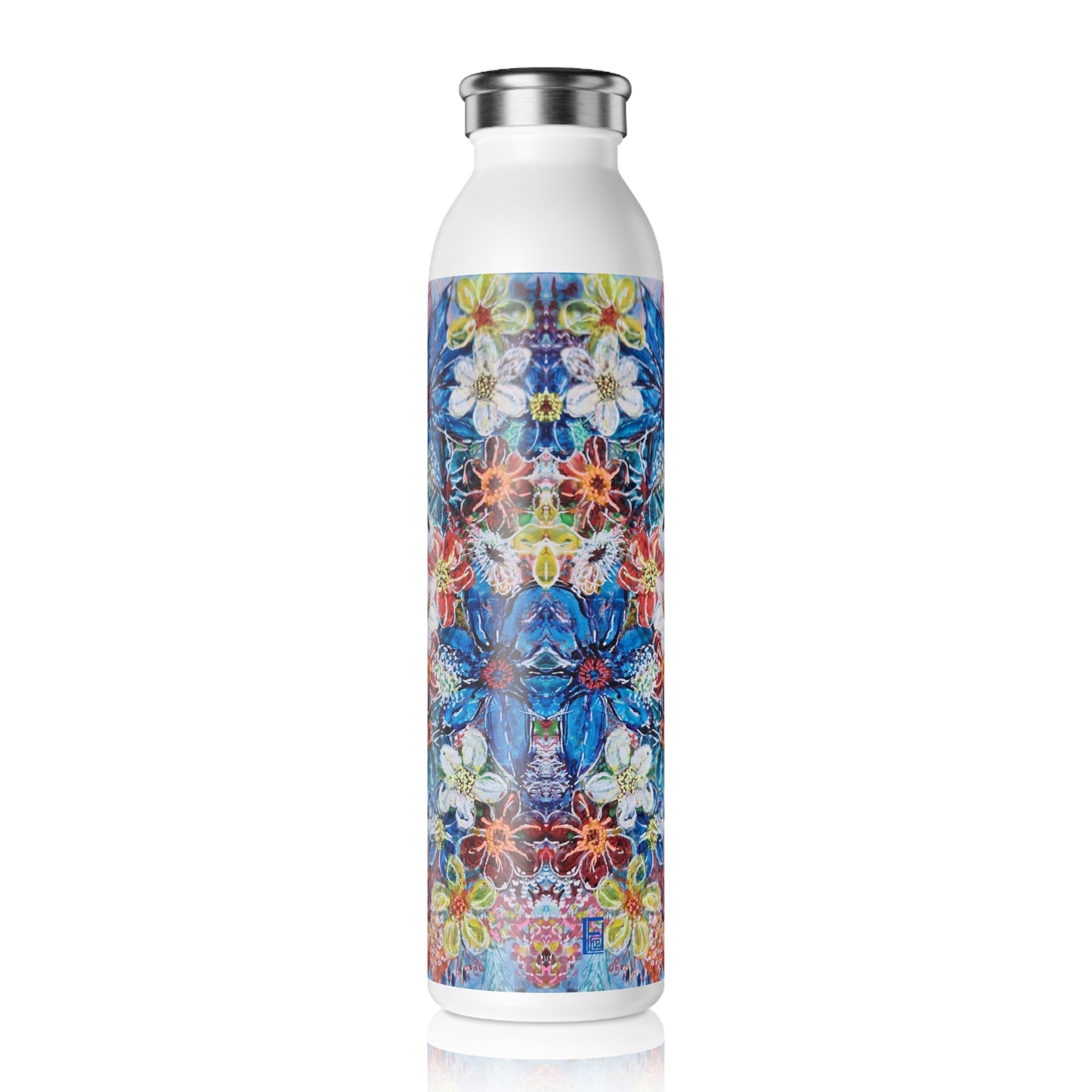 Slim Water Bottle - No. 242 Large Blue Flowers - By Irish Artist Fiona de Lacy