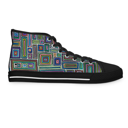 Women's High Top Sneakers - No. 253 - Multicoloured Rectangles on Black - By Irish Artist Fiona de Lacy