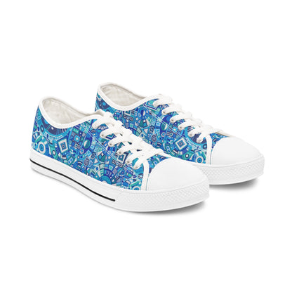 Women's Low Top Sneakers,  Black Soles - No. 262 - Geometric Blue & White - By Irish Artist Fiona de Lacy