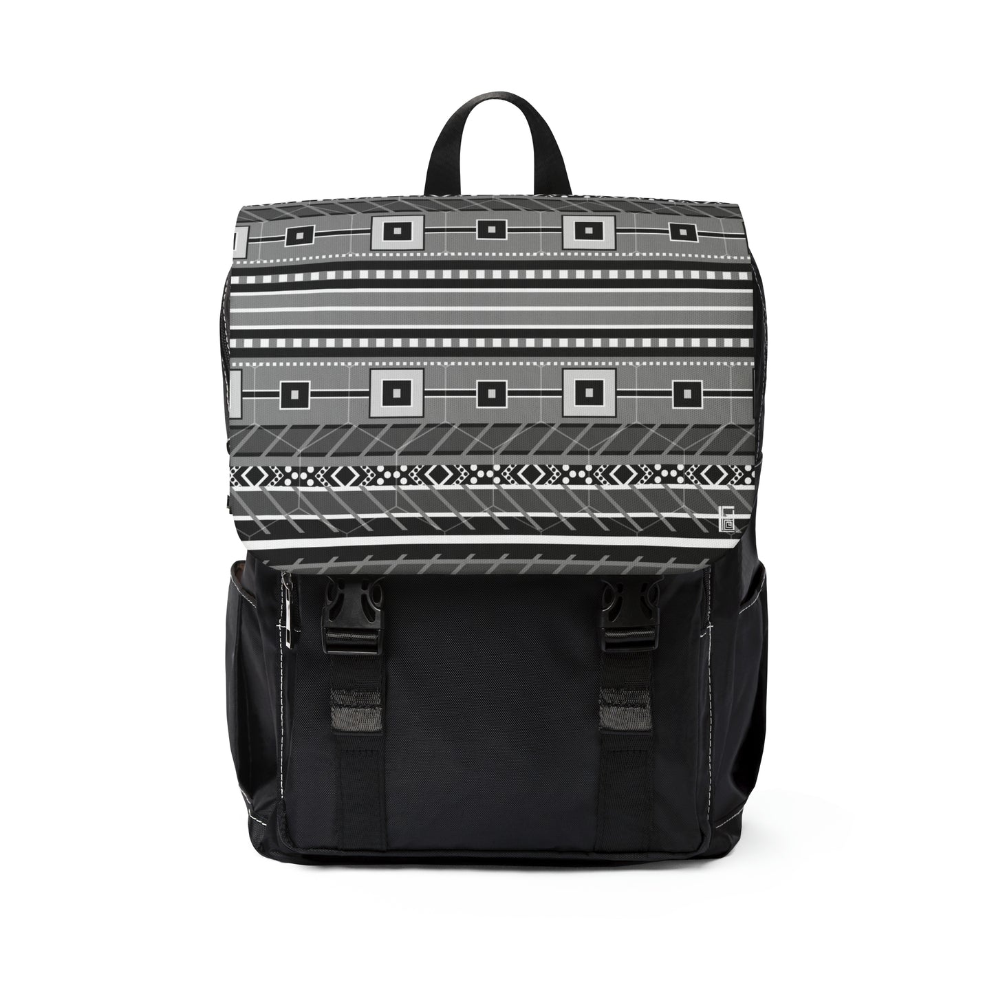 Casual Shoulder Backpack,  No. 298 B Black, White and Grey Stripe -  By Irish Artist Fiona de Lacy