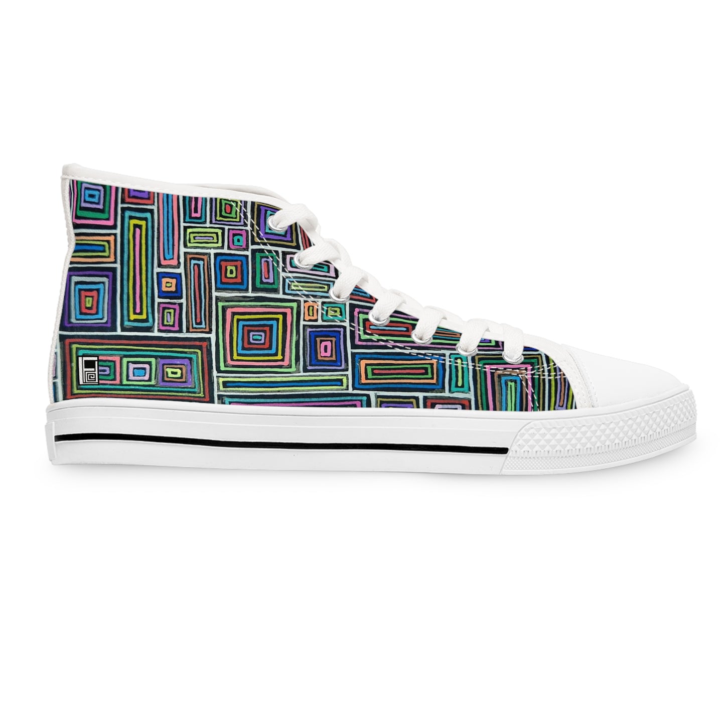 Women's High Top Sneakers - No. 253 - Multicoloured Rectangles on Black - By Irish Artist Fiona de Lacy