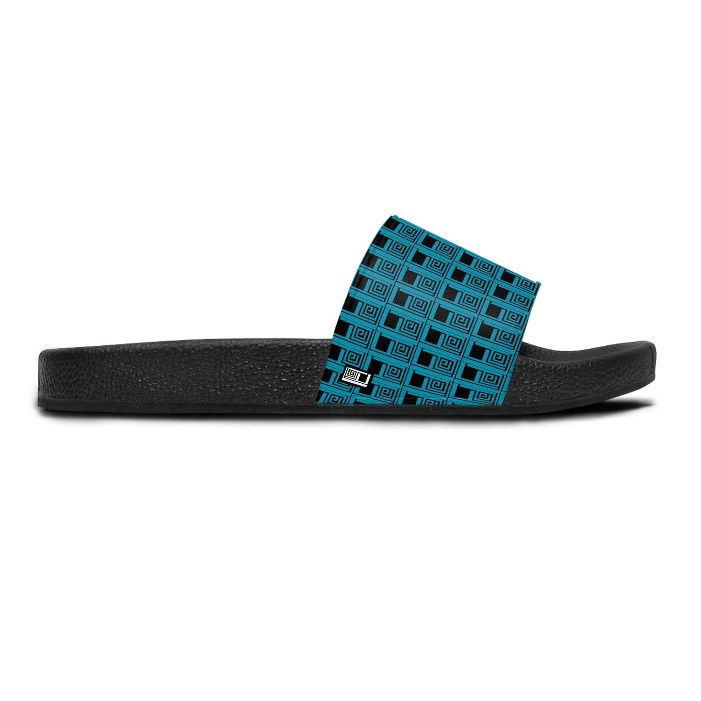 Women's Slide Sandals - No. 000 - Artists Logo  -  Turquoise on Black - By Irish Artist Fiona de Lacy