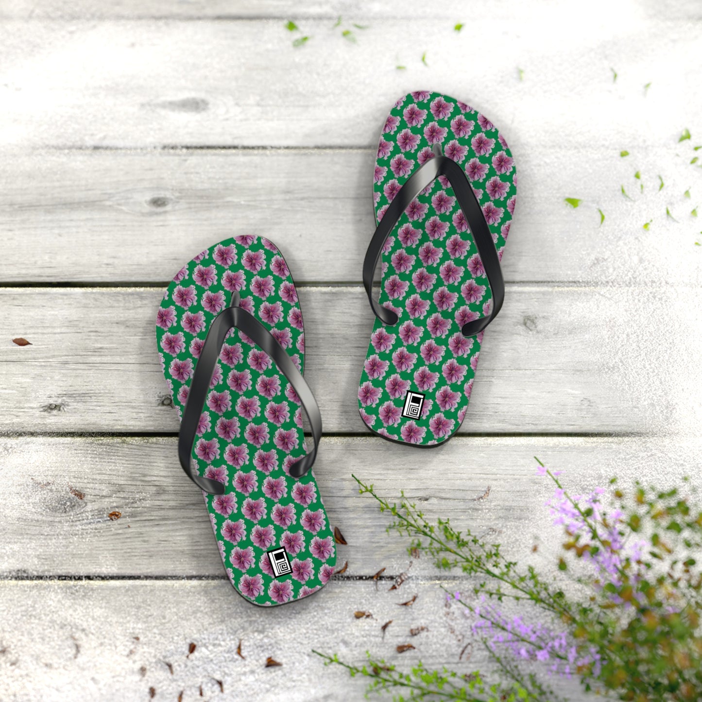 Flip Flops - No. 269 - Purple Pink Flower on Green - By Irish Artist Fiona de Lacy