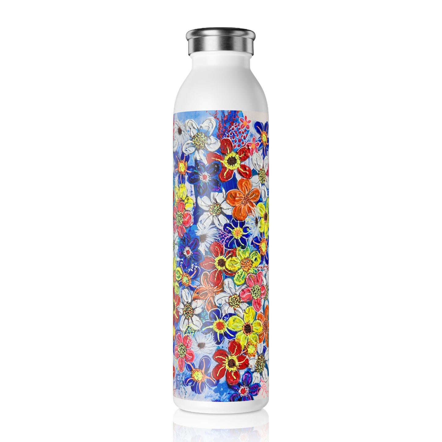 Slim Water Bottle - No. 240 - Multicoloured flowers on Purple - By Irish Artist Fiona de Lacy