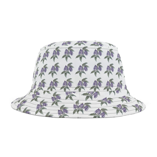 Bucket Hat  - No. 270 - Two Purple Drop Flowers on White - By Irish Artist Fiona de Lacy