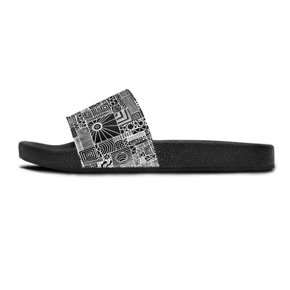 Women's Slide Sandals - No. 252 - White on Black Abstract - By Irish Artist Fiona de Lacy