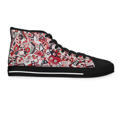 Women's High Top Sneakers - No. 276 - Geometric Abstract, Red, White & Black -  By Irish Artist Fiona de Lacy