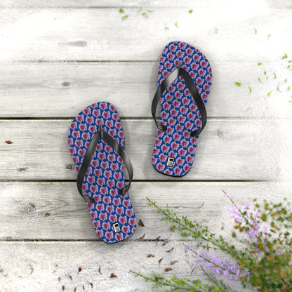 Flip Flops - No. 269 - Purple Pink Flower on Blue - By Irish Artist Fiona de Lacy