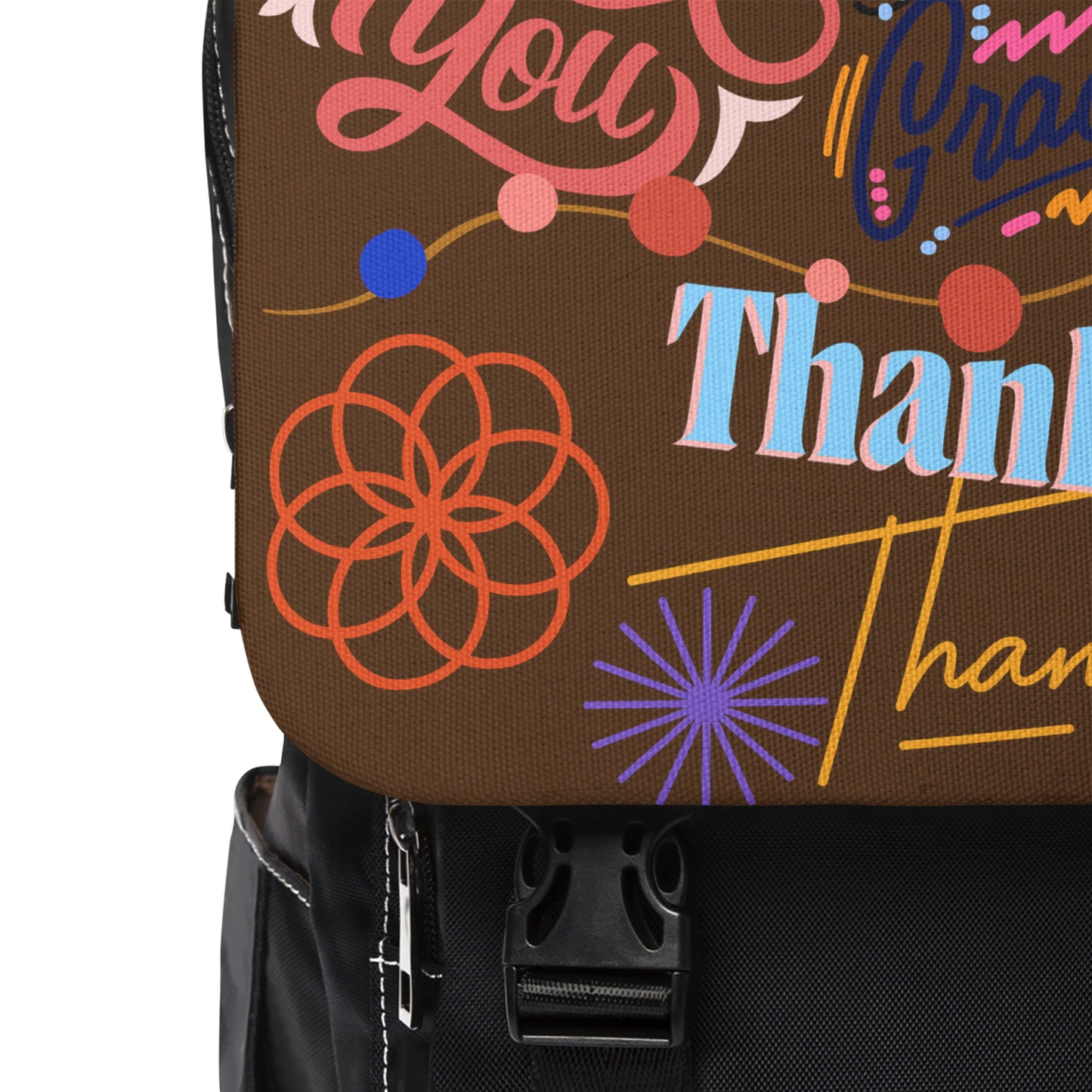 Casual Shoulder Backpack,  No. 312 - 'Thank You' on Brown - By Irish Artist Fiona de Lacy