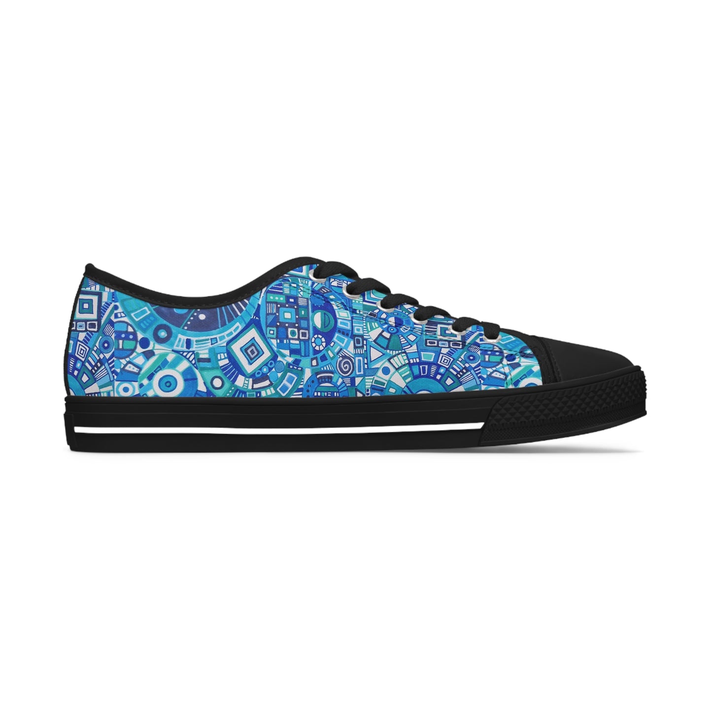 Women's Low Top Sneakers,  Black Soles - No. 262 - Geometric Blue & White - By Irish Artist Fiona de Lacy