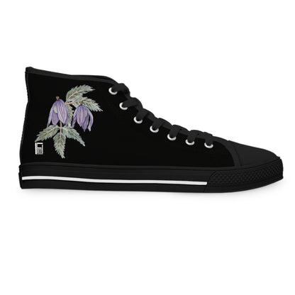 Women's High Top Sneakers - No. 270 - Purple Drop Flower on Black - By Irish Artist Fiona de Lacy