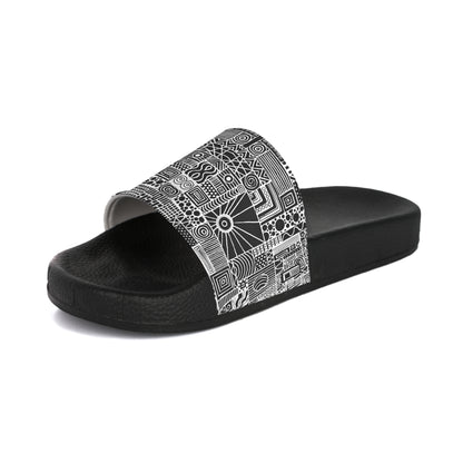 Women's Slide Sandals - No. 252 - White on Black Abstract - By Irish Artist Fiona de Lacy