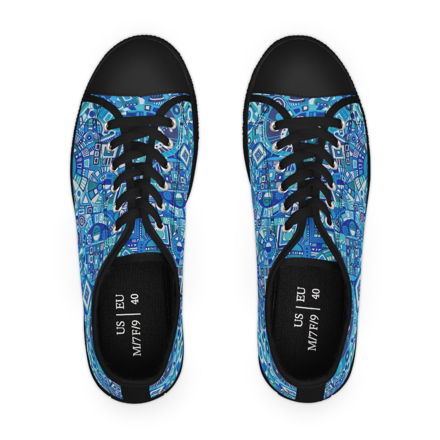 Women's Low Top Sneakers,  Black Soles - No. 262 - Geometric Blue & White - By Irish Artist Fiona de Lacy