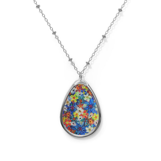 Oval Necklace - No. 242 - Large Blue Flowers - By Irish Artists Fiona de Lacy