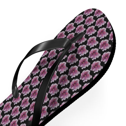 Flip Flops - No. 269 - Purple Pink Flower on Black - By Irish Artist Fiona de Lacy