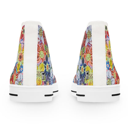 Women's High Top Sneakers, No. 241 Multicoloured flowers on Pink Base - By Irish Artist Fiona de Lacy