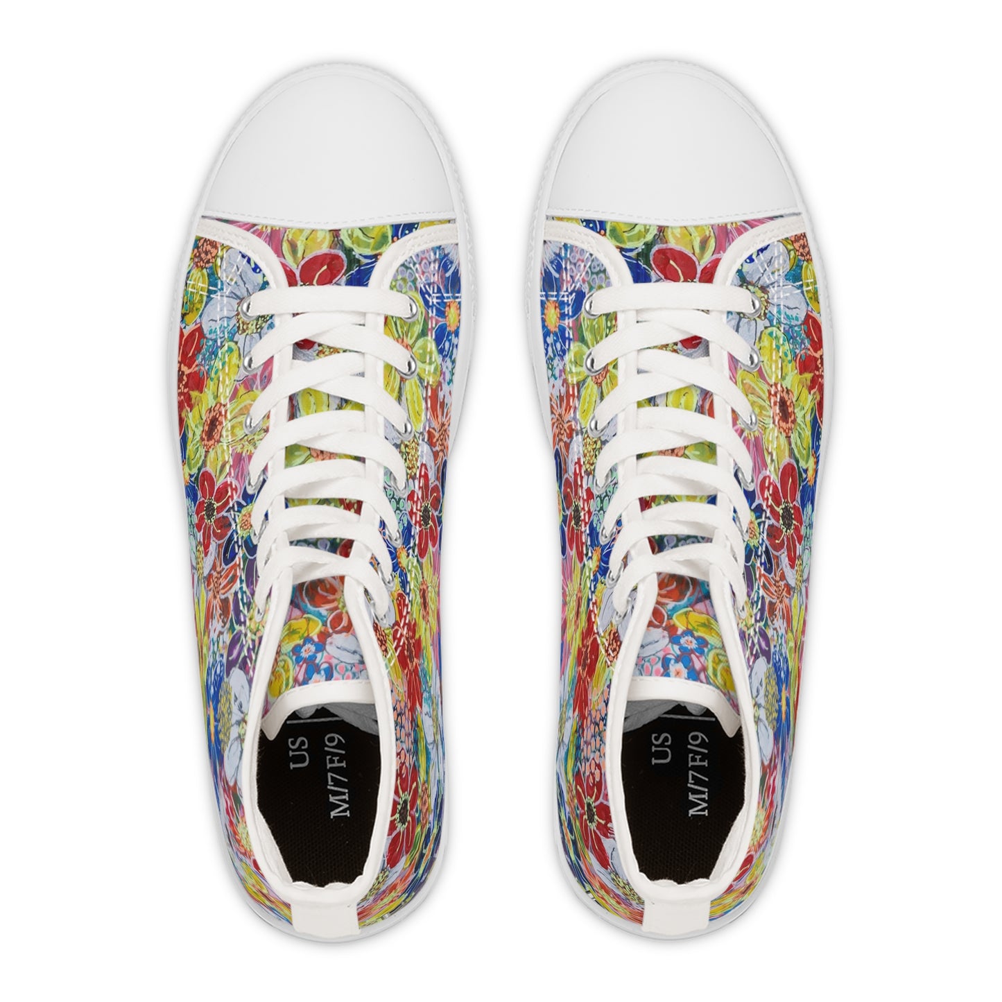 Women's High Top Sneakers, No. 241 Multicoloured flowers on Pink Base - By Irish Artist Fiona de Lacy