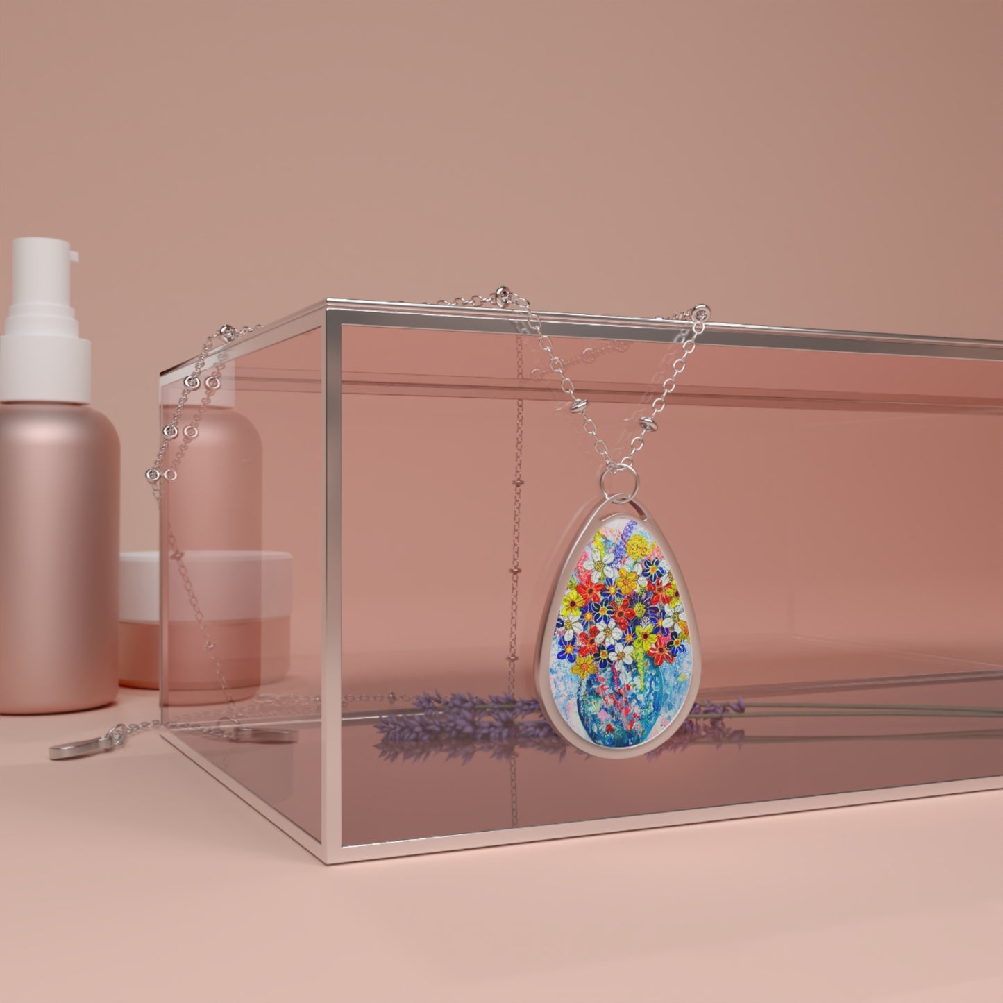 Oval Necklace - No. 244 - Blur Round Vase of Flowers - By Irish Artists Fiona de Lacy
