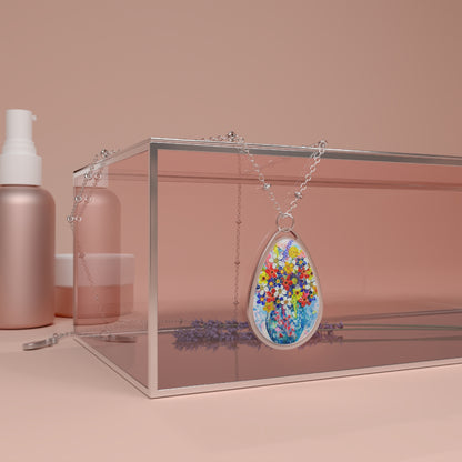 Oval Necklace - No. 244 - Blur Round Vase of Flowers - By Irish Artists Fiona de Lacy