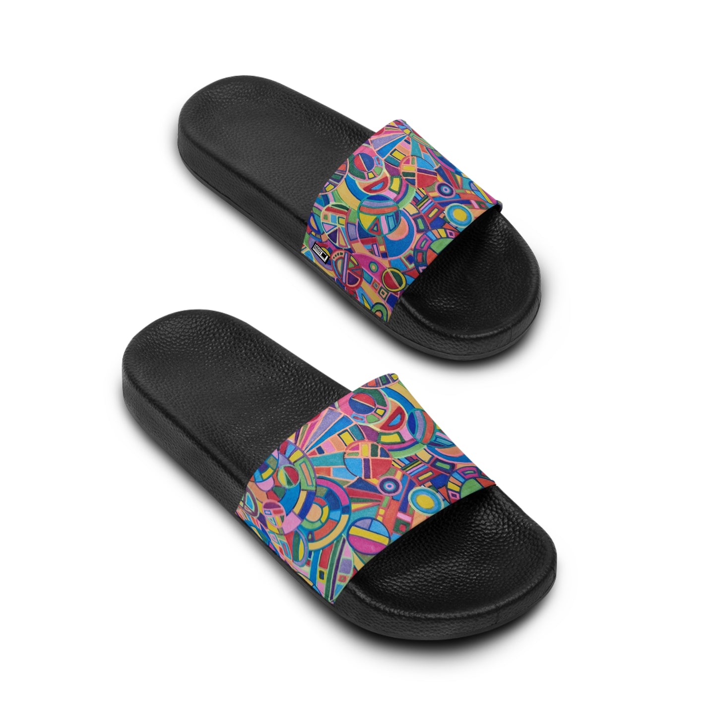 Women's Slide Sandals - No. 265 - Geometric Multicoloured Abstract - By Irish Artist Fiona de Lacy