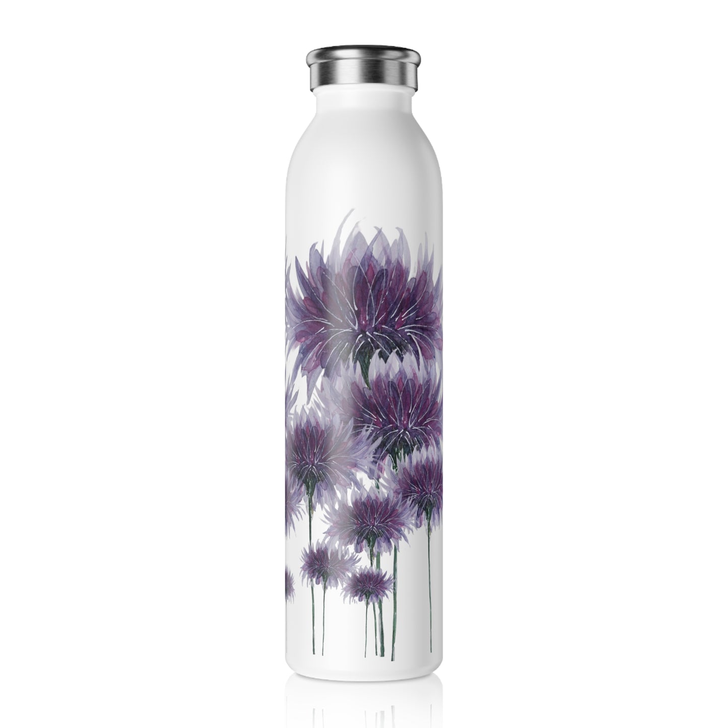 Slim Water Bottle - No. 268 - Large Purple Flower - By Irish Artist Fiona de Lacy