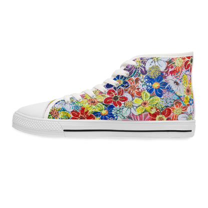 Women's High Top Sneakers, No. 241 Multicoloured flowers on Pink Base - By Irish Artist Fiona de Lacy