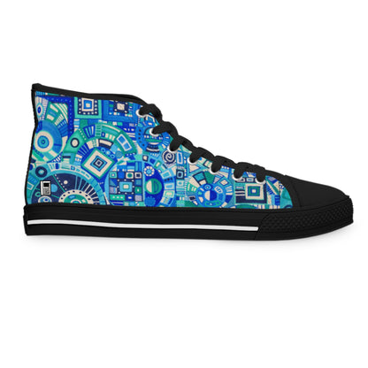 Women's High Top Sneakers - No. 262 - Blue Geometric - By Irish Artist Fiona de Lacy