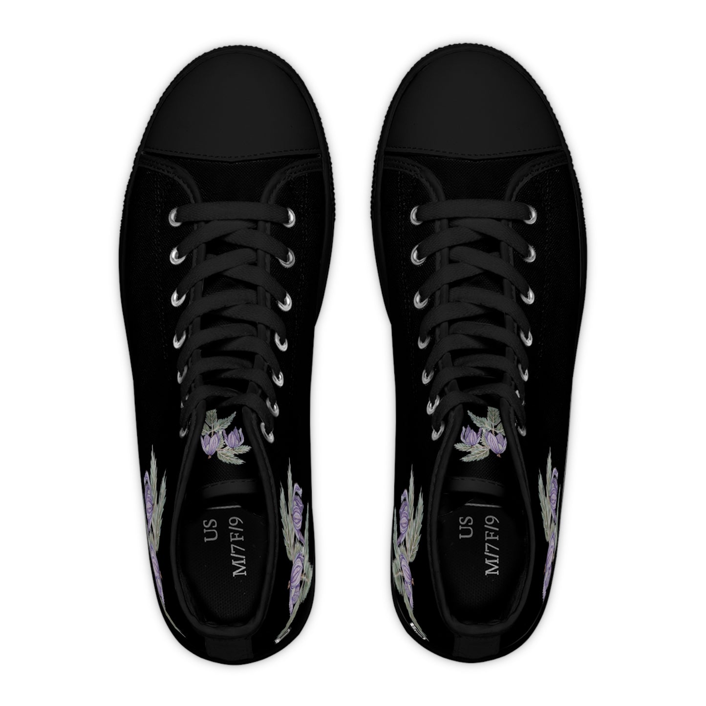 Women's High Top Sneakers - No. 270 - Purple Drop Flower on Black - By Irish Artist Fiona de Lacy