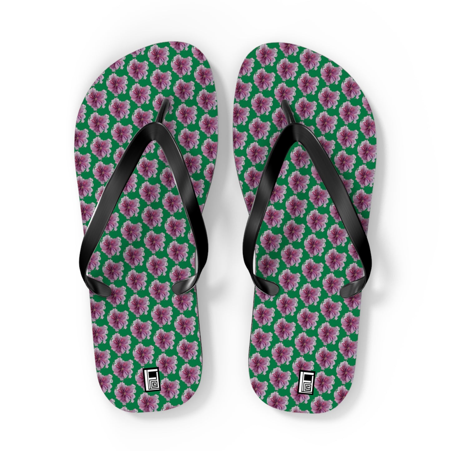 Flip Flops - No. 269 - Purple Pink Flower on Green - By Irish Artist Fiona de Lacy