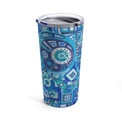 Tumbler 20oz - No.  262 - Geometric Blue & White abstract - By Irish Artist Fiona de Lacy