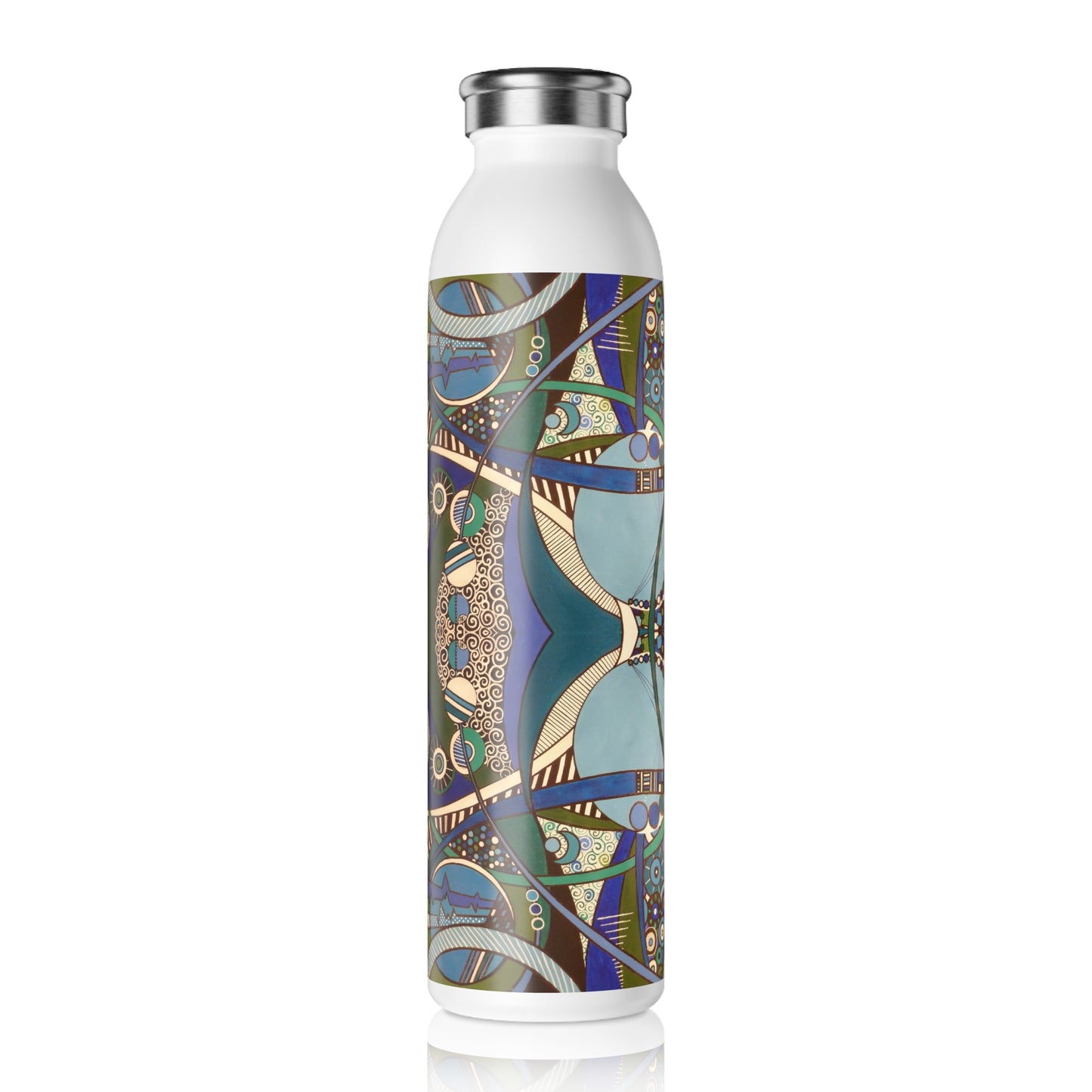 Slim Water Bottle - No. 219 'Crossroads' - By Irish Artist Fiona de Lacy - Green, Blue, Navy, Black, White