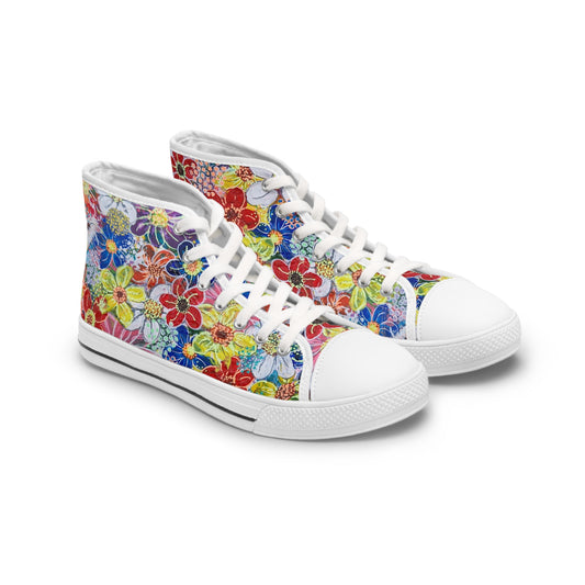 Women's High Top Sneakers, No. 241 Multicoloured flowers on Pink Base - By Irish Artist Fiona de Lacy