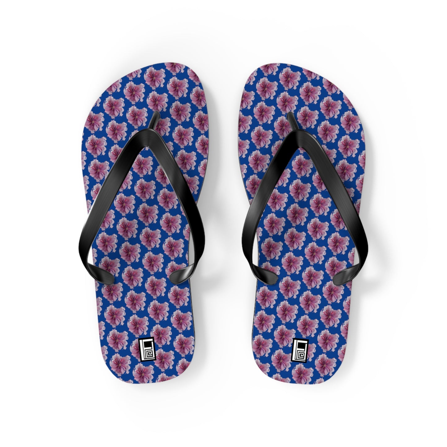 Flip Flops - No. 269 - Purple Pink Flower on Blue - By Irish Artist Fiona de Lacy