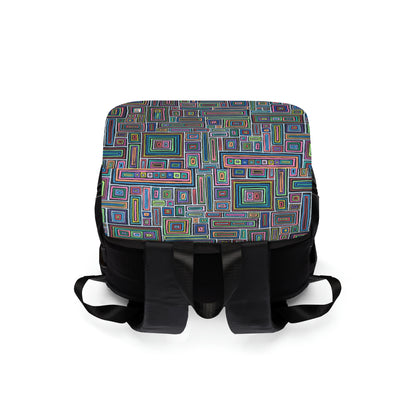 Casual Shoulder Backpack,  No. 253 Rectangles on Black -  By Irish Artist Fiona de Lacy - Multicoloured