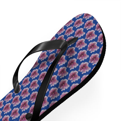 Flip Flops - No. 269 - Purple Pink Flower on Blue - By Irish Artist Fiona de Lacy