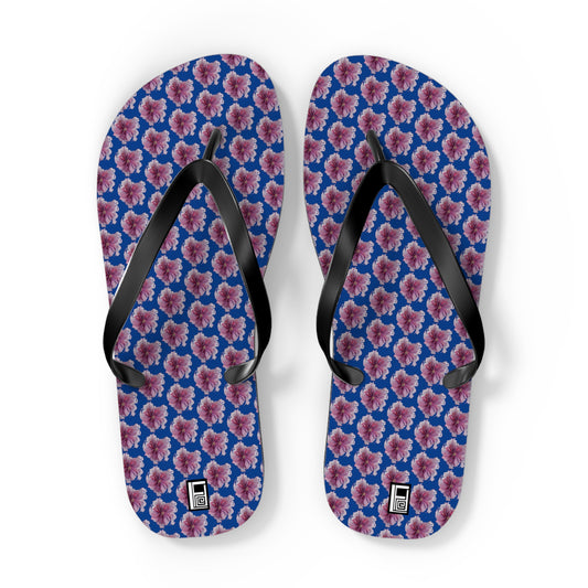 Flip Flops - No. 269 - Purple Pink Flower on Blue - By Irish Artist Fiona de Lacy