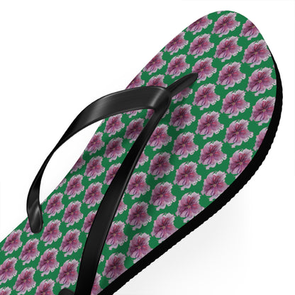 Flip Flops - No. 269 - Purple Pink Flower on Green - By Irish Artist Fiona de Lacy