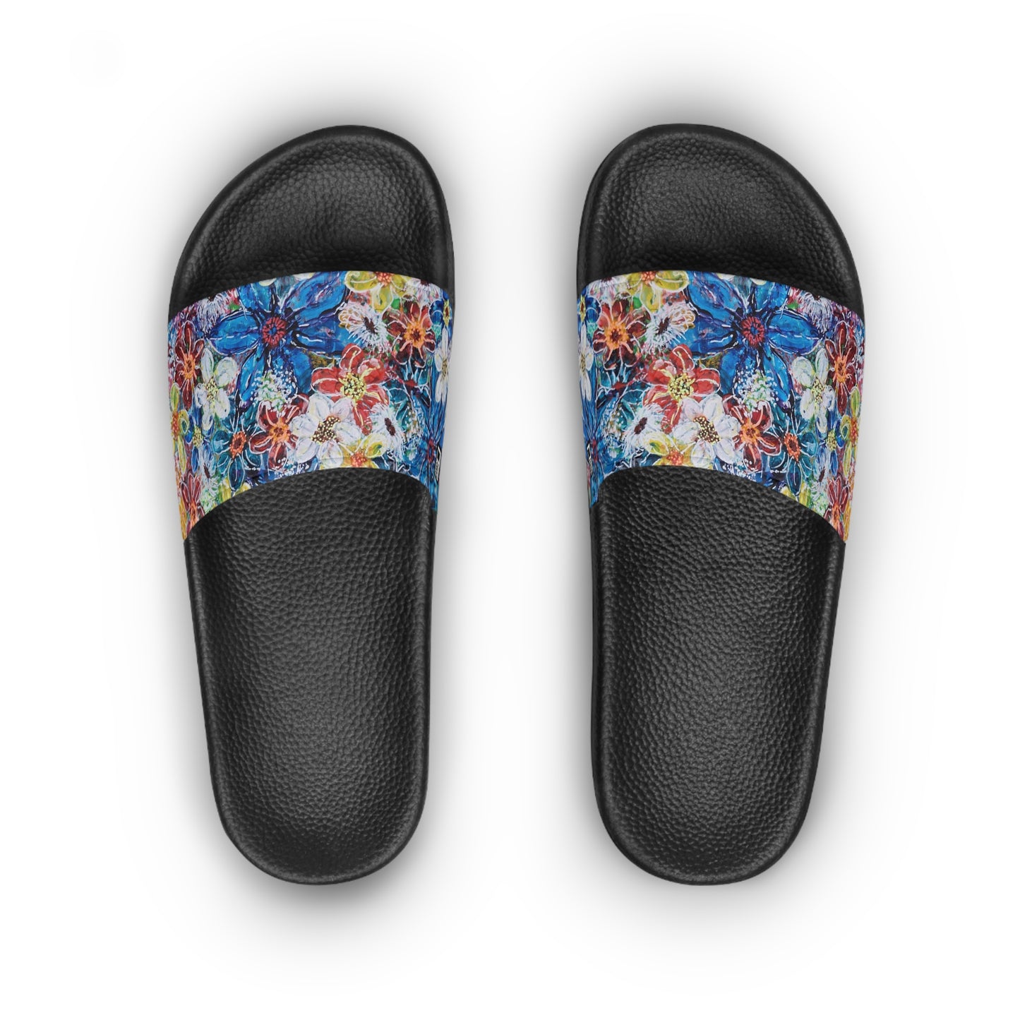 Women's Slide Sandals - No. 242 - Large Blue Flowers - By Irish Artist Fiona de Lacy