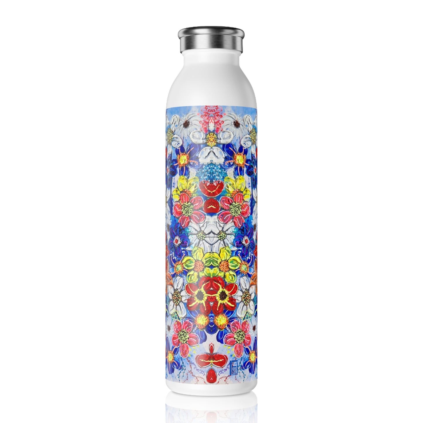 Slim Water Bottle - No. 240 - Multicoloured flowers on Purple - By Irish Artist Fiona de Lacy