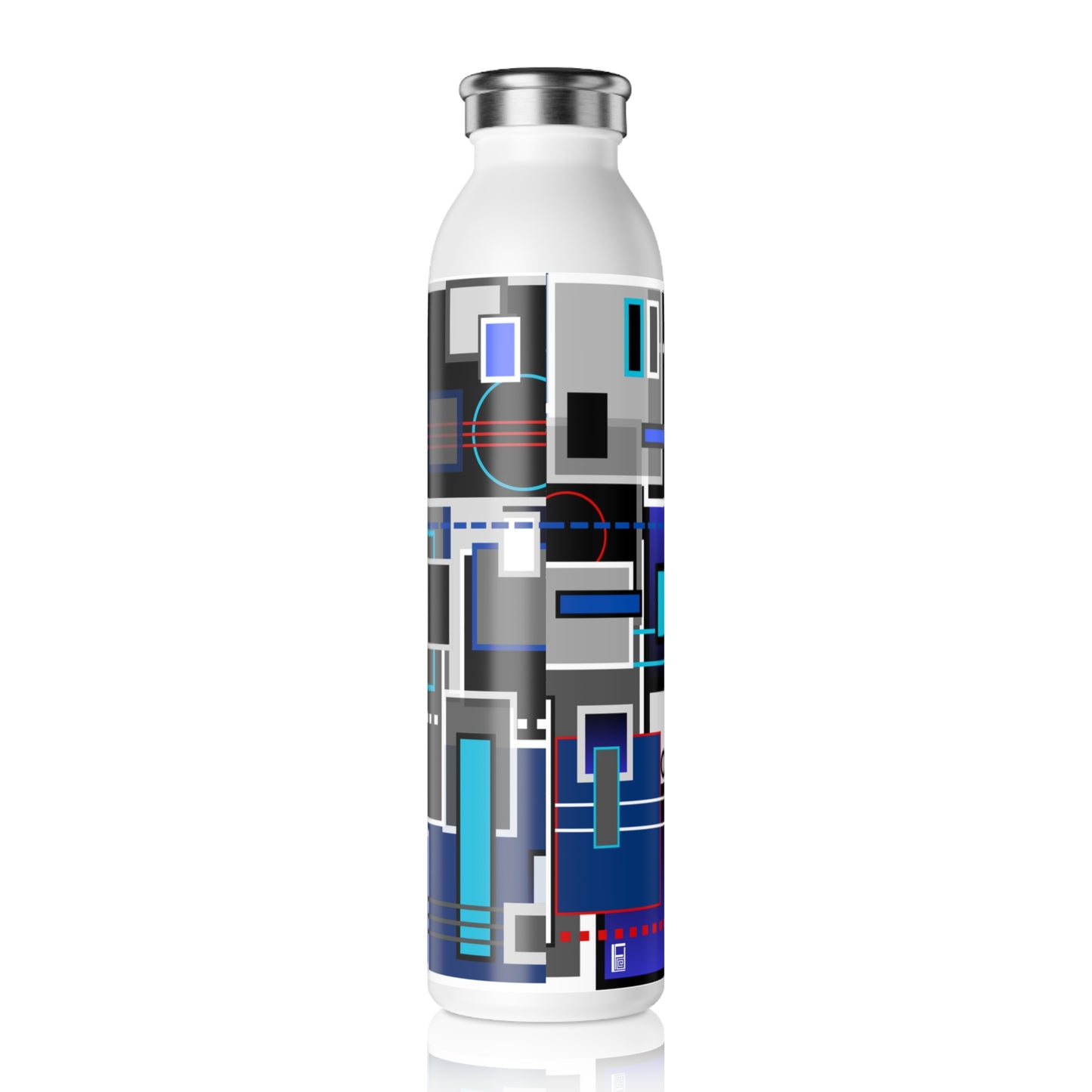 Slim Water Bottle - No. 235 - Blue, Black & Grey Squared 2 - By Irish Artist Fiona de Lacy