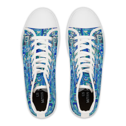 Women's High Top Sneakers - No. 262 - Blue Geometric - By Irish Artist Fiona de Lacy