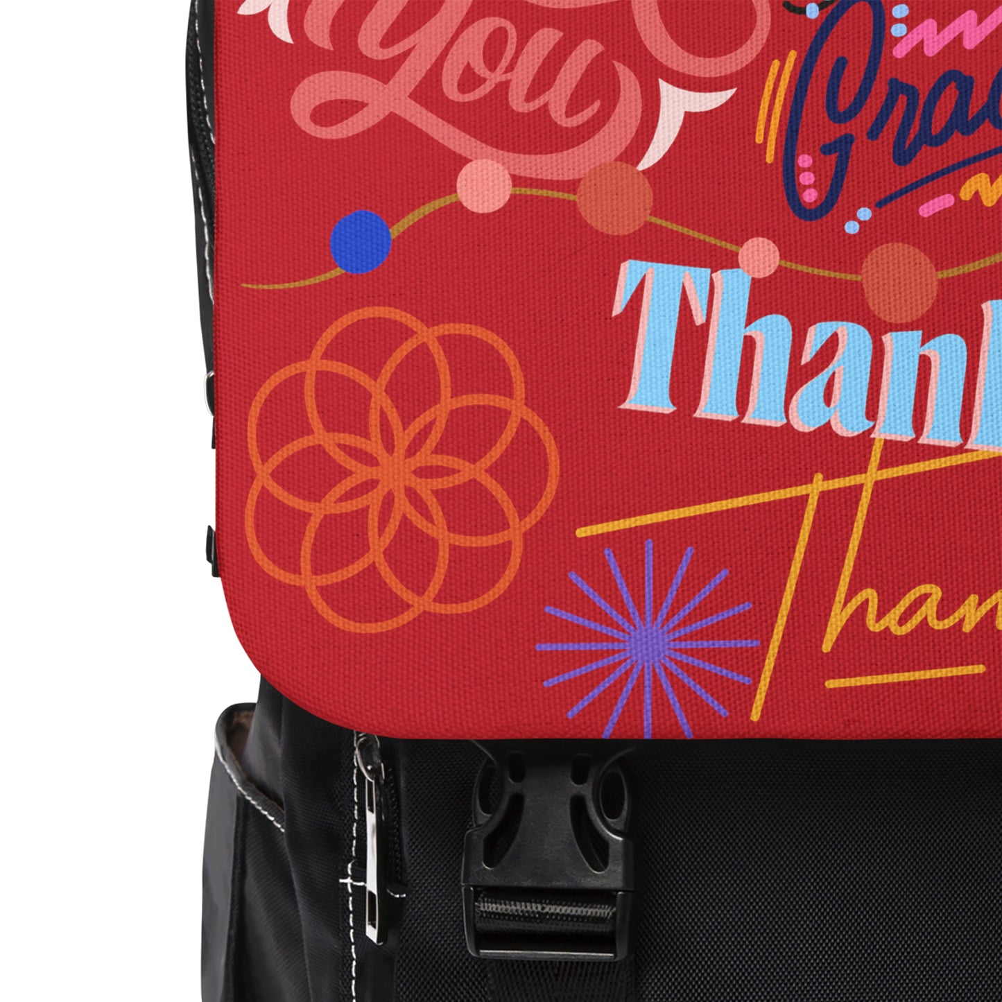 Casual Shoulder Backpack,  No. 312 - 'Thank You' on Red - By Irish Artist Fiona de Lacy